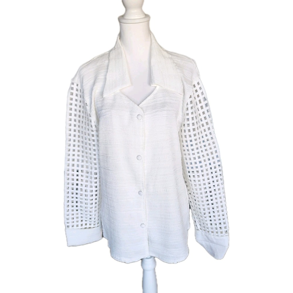 Pleats Collection by Ping Imports‎ Top Womens 1XL White Lattice Sleeves Textured